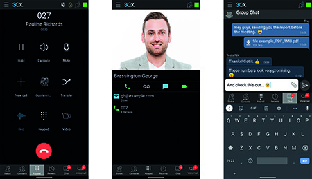 3CX mobile overzicht, met de bel opties, een contact weergave en de chatfunctie